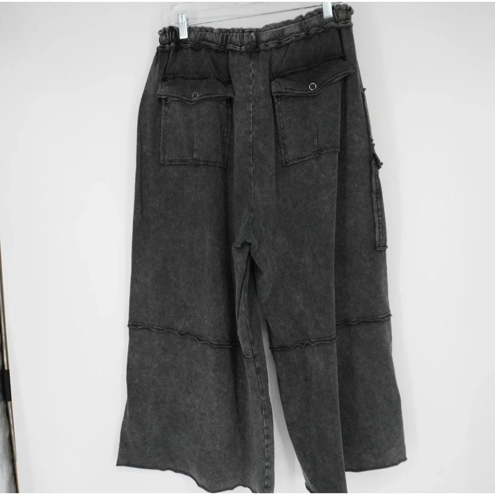 Easel Womens Utility Mineral Washed Wide Leg Terry Knit Cargo Pant Black Large - Picture 13 of 15